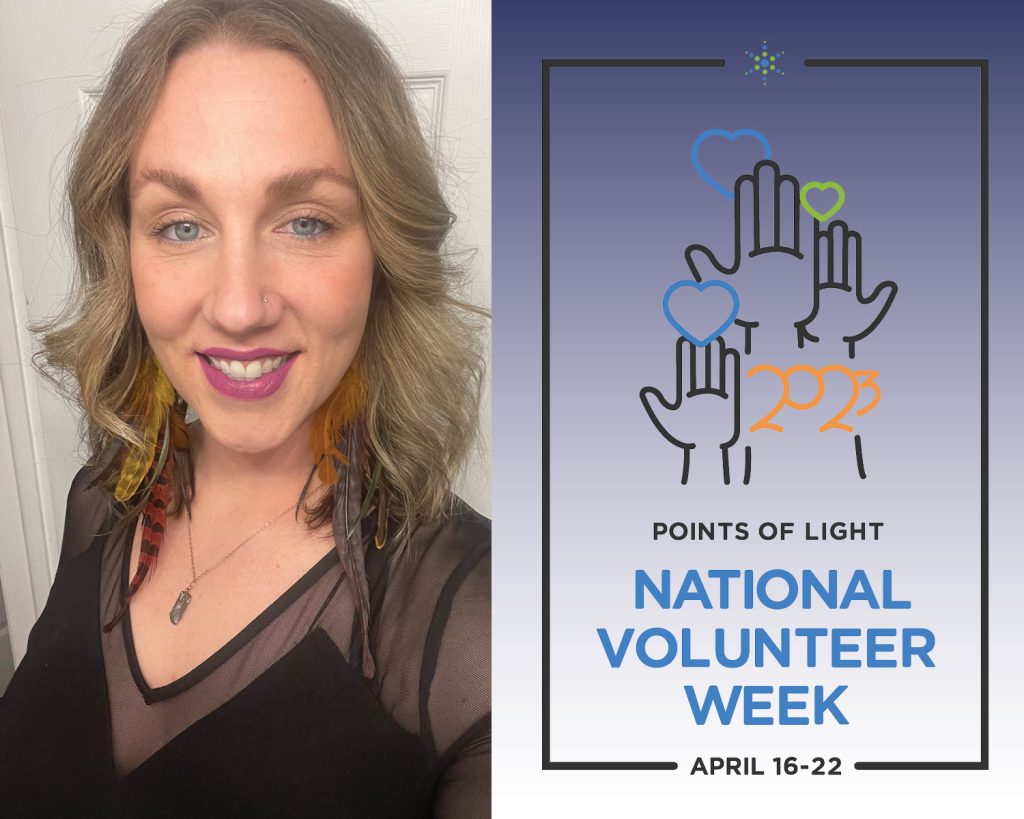 national volunteer week logo on right and photo of april on left