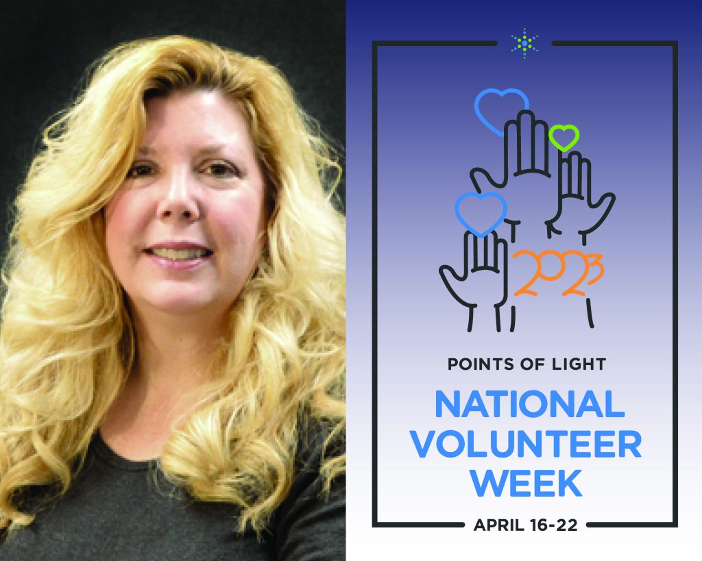 Head shot of louise bowen on left with national volunteer week logo on right