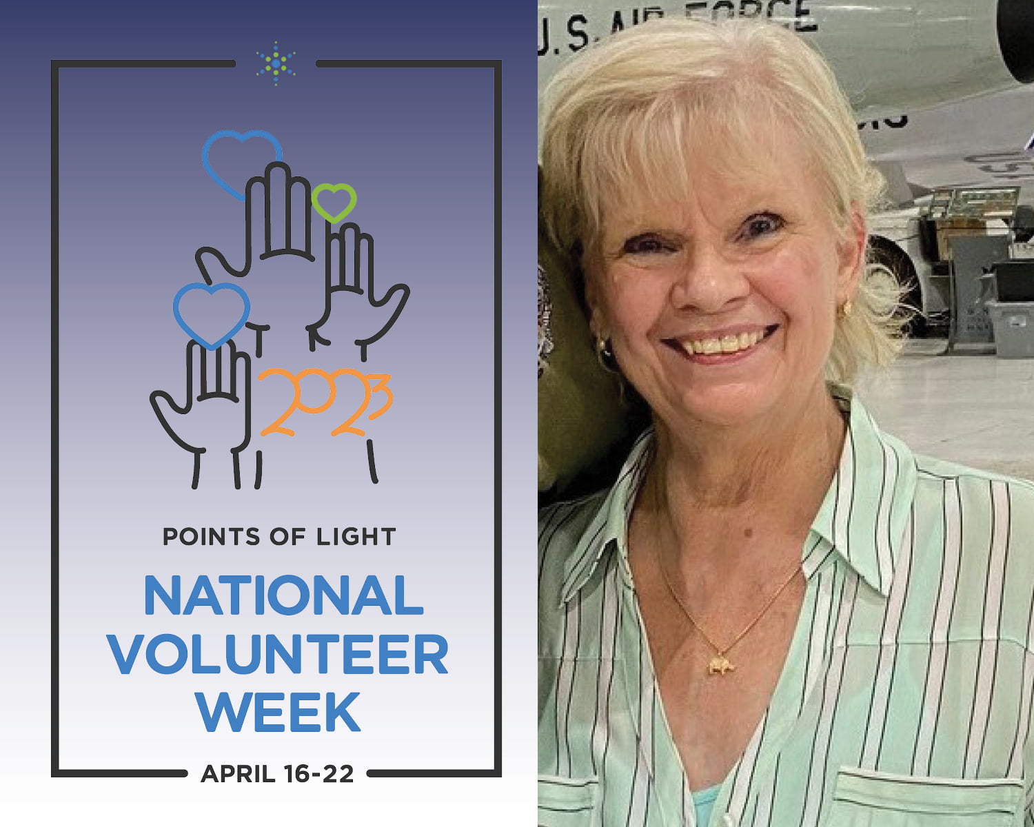 national volunteer week logo on left with photo of lyn schaffer on right